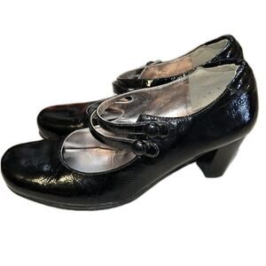 Ecco Mary Jane Pump Block Heels Double Straps Black Patent Leather Size 38 US 8